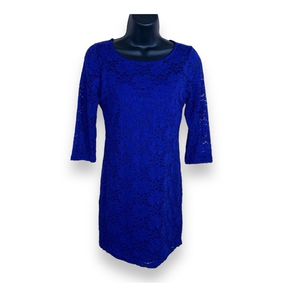 SMALL FOREVER 21 ROYAL BLUE LACE DRESS LINED STRETCH - Picture 1 of 11